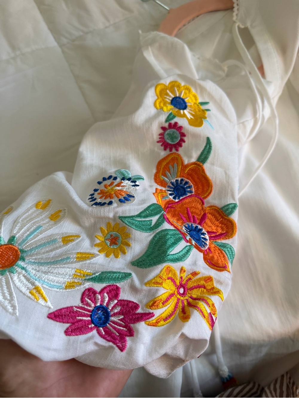 Embroidered Puff Sleeve Peasant Top - White - Picture 2 of 9